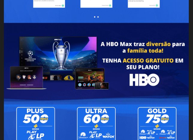 Site de provedor de internet com promoção HBO Max